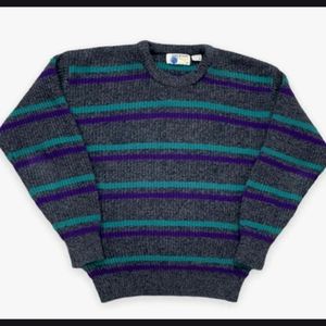 VTG 80s Men's Gray Purple Teal Striped Fisherman Pullover Sweater Crew Neck Vint